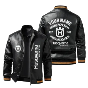 Vintage Husqvarna Motorcycles Exclusive Logo Jacket Est 1903, Classic Ribbed Collar and Striped Cuffs, Custom Name HIDI270225Y12LJ93HUM