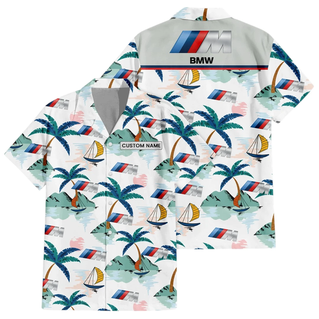 BMW Exclusive Logo Button Up Hawaiian Shirt Tropical Landscape Pattern All-over Print, Custom Name HIDI180225Y7HWLS2BMW