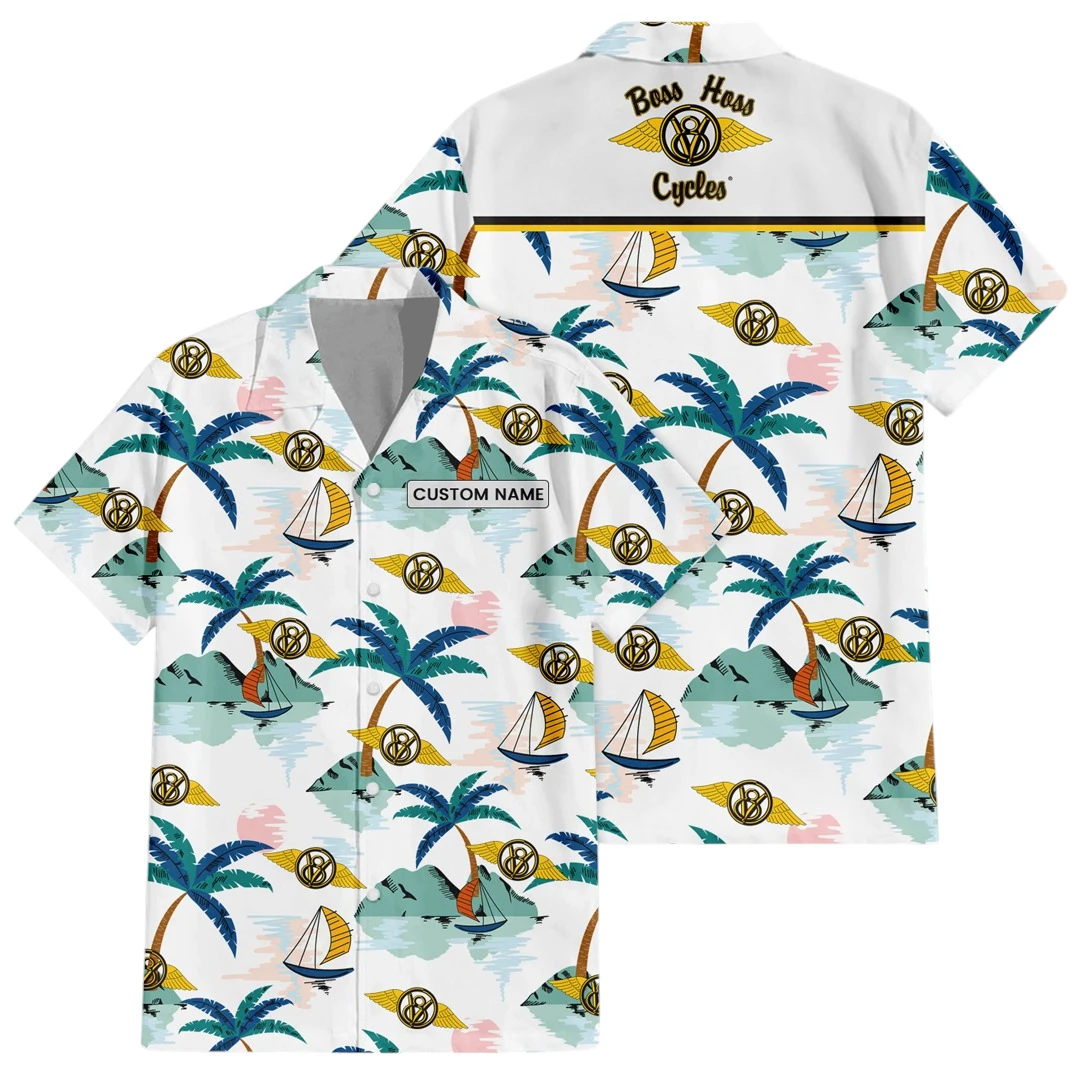 Boss Hoss Cycles Exclusive Logo Button Up Hawaiian Shirt Tropical Landscape Pattern All-over Print, Custom Name HIDI180225Y7HWLS2BHC
