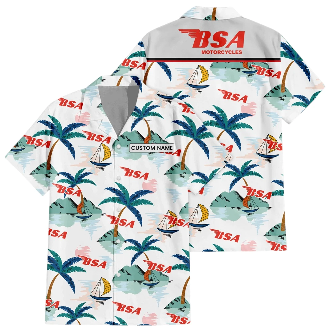 BSA Motorcycles Exclusive Logo Button Up Hawaiian Shirt Tropical Landscape Pattern All-over Print, Custom Name HIDI170225Y7HWLS2BSA