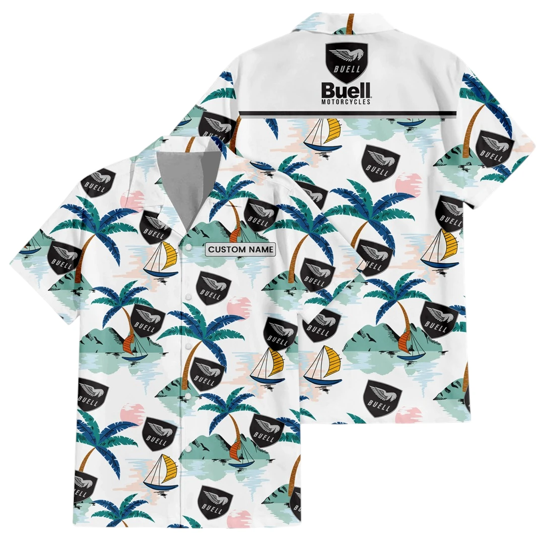 Buell Motorcycle Exclusive Logo Button Up Hawaiian Shirt Tropical Landscape Pattern All-over Print, Custom Name HIDI180225Y7HWLS2BUE