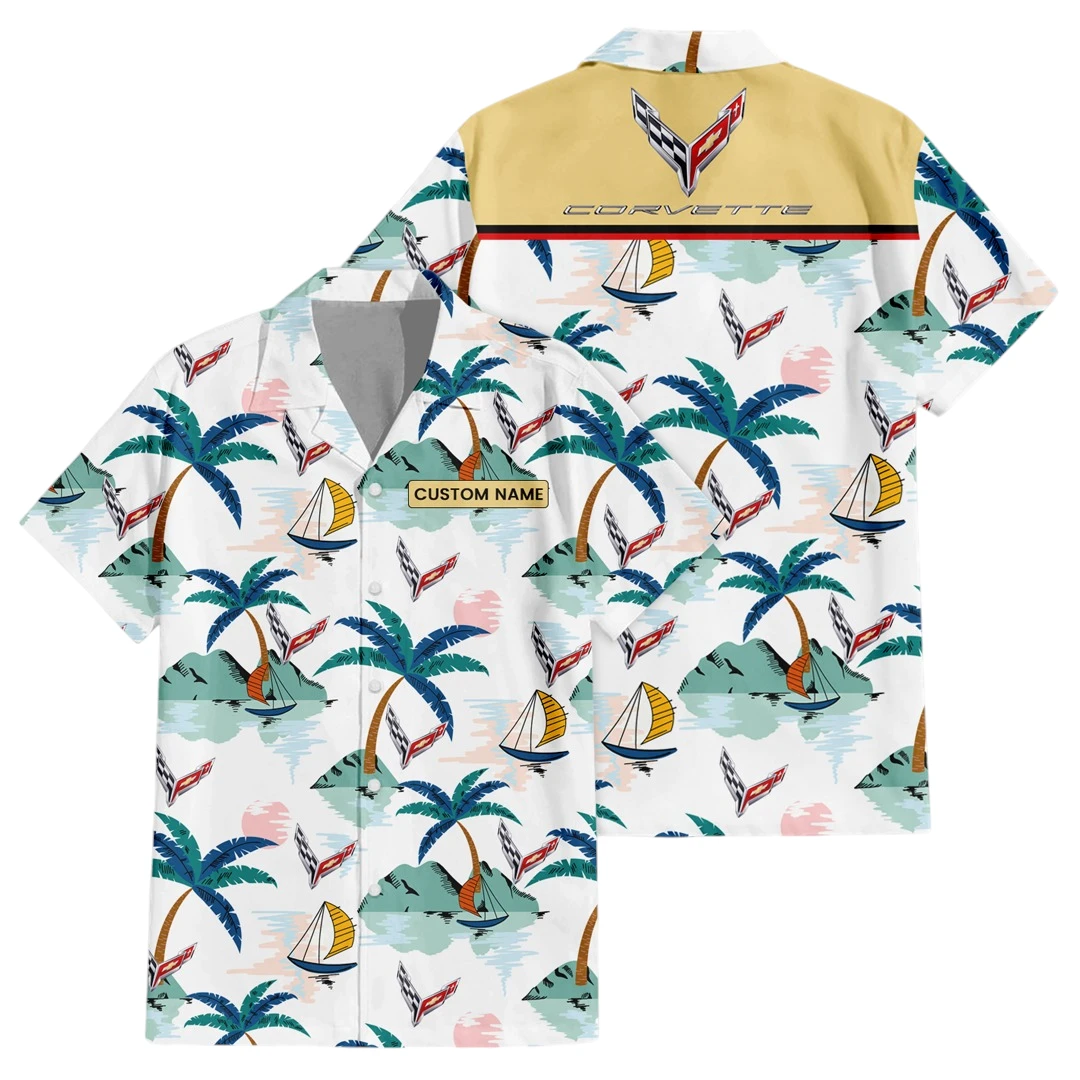 Corvette Exclusive Logo Button Up Hawaiian Shirt Tropical Landscape Pattern All-over Print, Custom Name HIDI190225Y7HWLS2COR