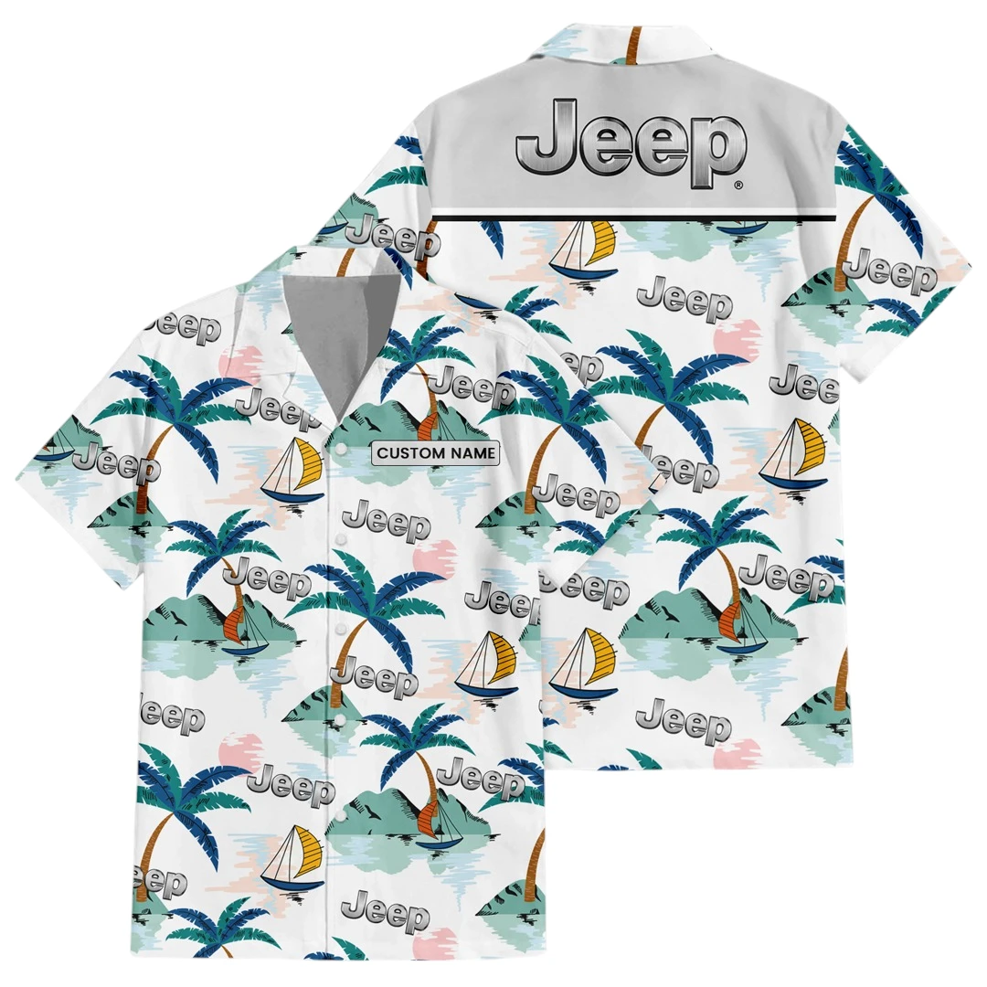 Jeep Exclusive Logo Button Up Hawaiian Shirt Tropical Landscape Pattern All-over Print, Custom Name HIDI200225Y7HWLS2JEE