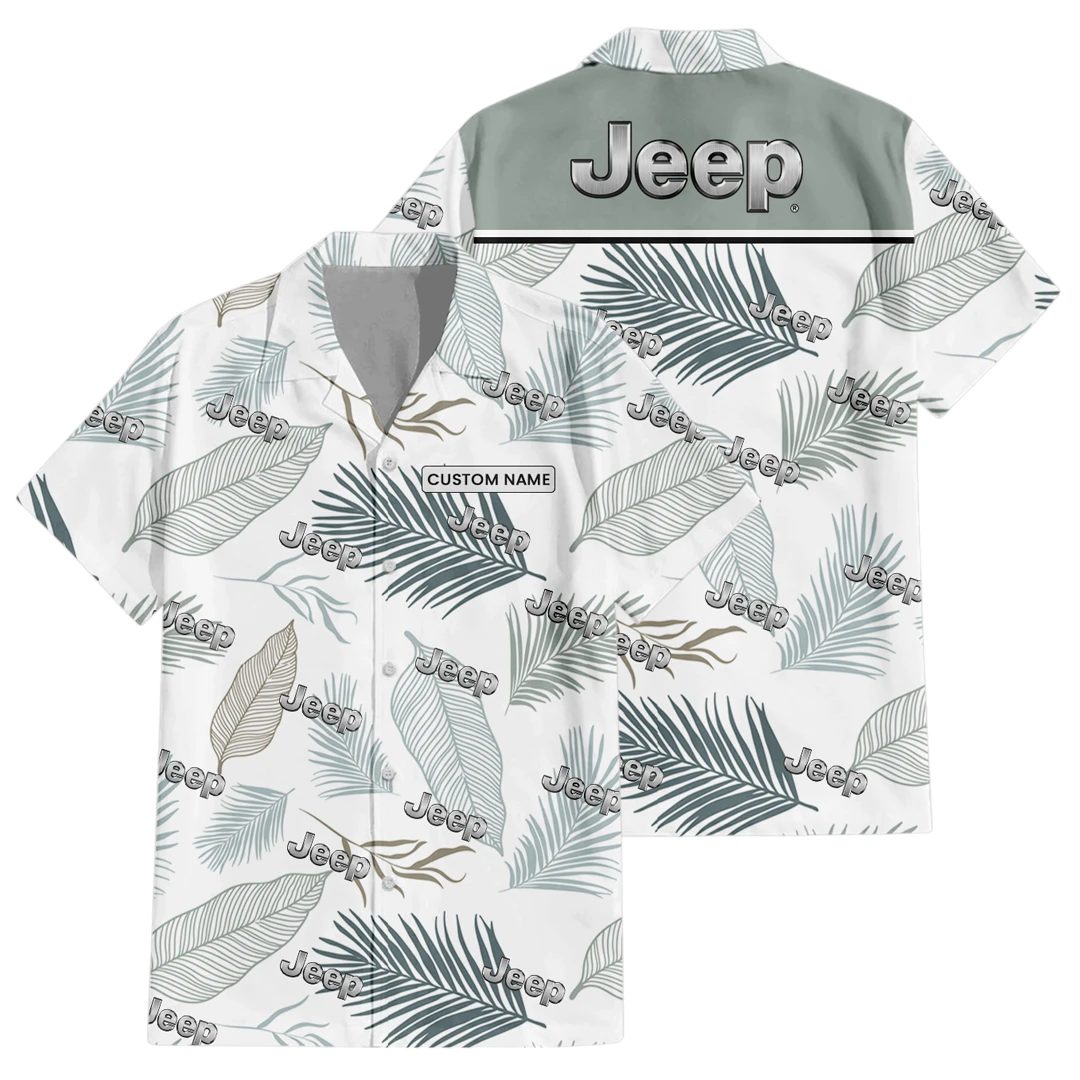 Jeep Exclusive Logo Button Up Hawaiian Shirt Tropical Leaves Seamless Pattern All-over Print, Custom Name HIHI170225Y7HWLS1JEE