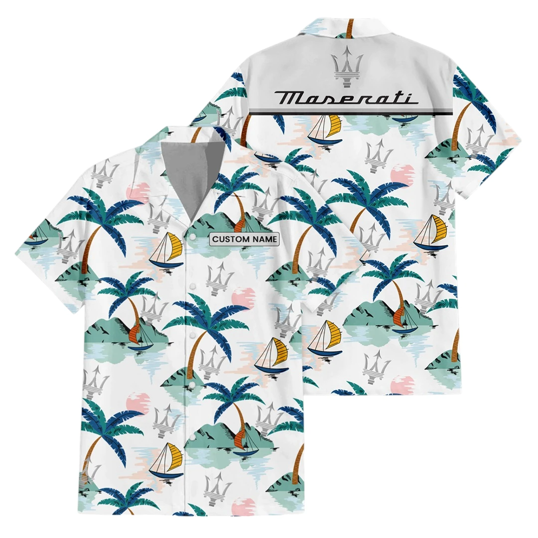 Maserati Exclusive Logo Button Up Hawaiian Shirt Tropical Landscape Pattern All-over Print, Custom Name HIDI210225Y7HWLS2MAS