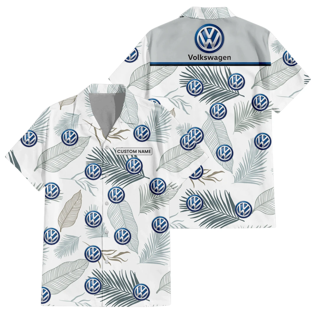 Volkswagen Exclusive Logo Button Up Hawaiian Shirt Tropical Leaves Seamless Pattern All-over Print, Custom Name HIHI190225Y7HWLS1VOL